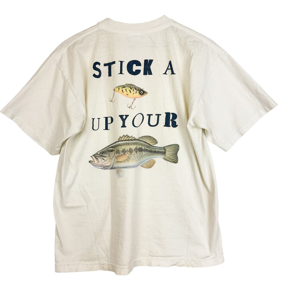 Vintage 1990s Mens Stick a Up Your Fish TSHirt Cream Excel USA - Large